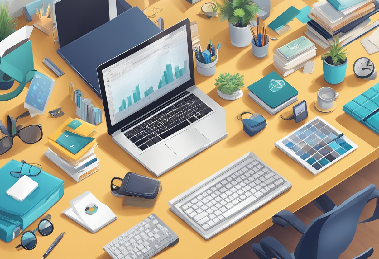 A table filled with unique corporate gifts, including quirky office supplies, tech gadgets, and personalized items, surrounded by curious onlookers