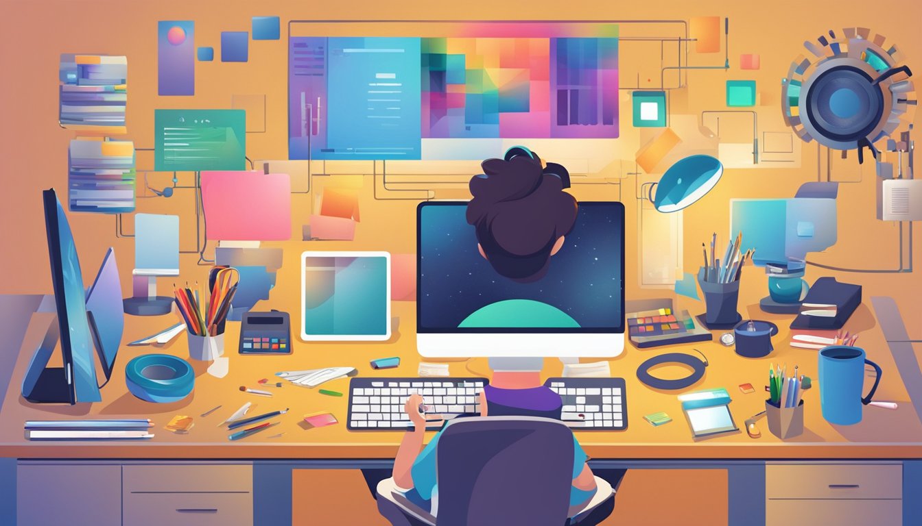 A graphic designer working on a computer, surrounded by design tools and technology equipment