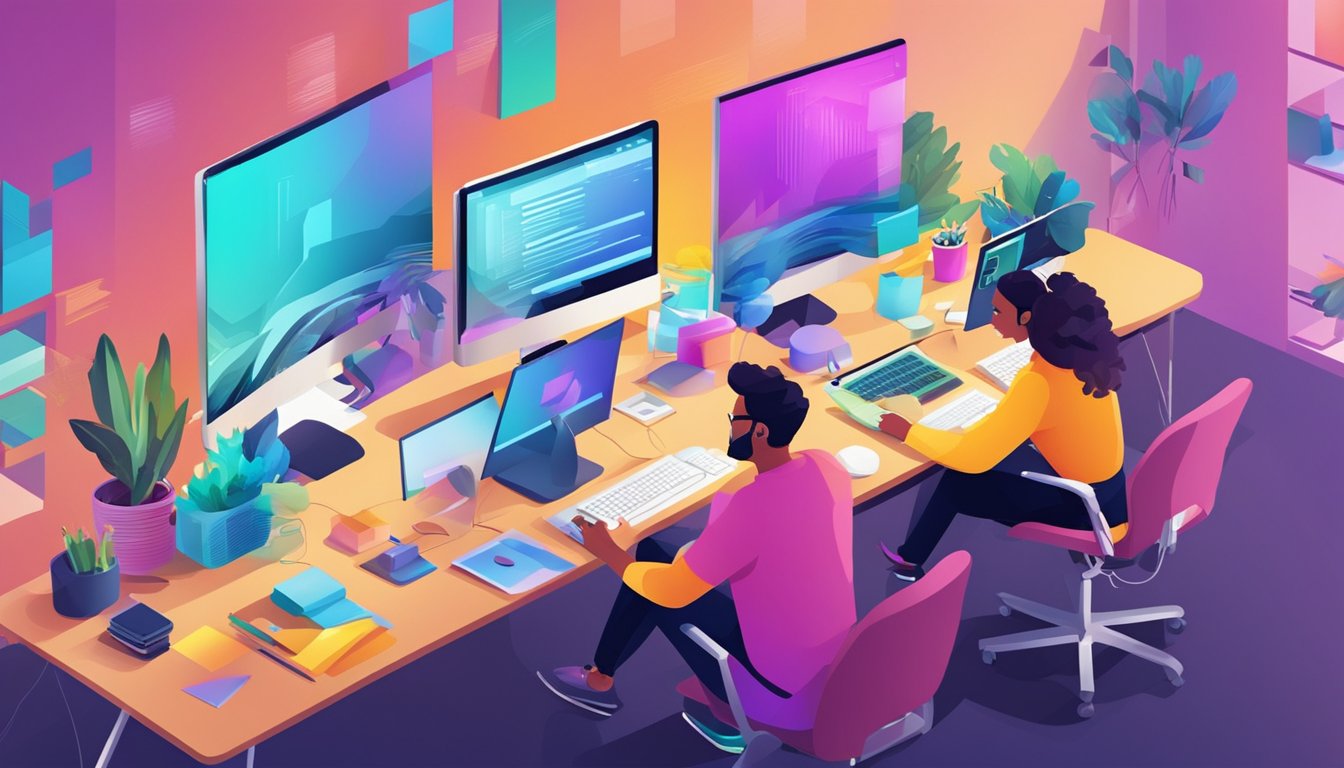 A group of graphic designers working on computers in a modern studio with colorful design elements and tools scattered on their desks