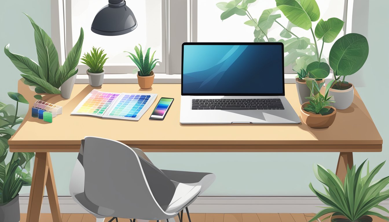 A desk with a computer, drawing tablet, pens, ruler, and color swatches. Bright natural light and plants in the background