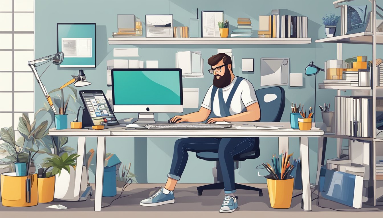 A graphic designer at work, surrounded by design tools and computer equipment in a modern, well-lit studio space