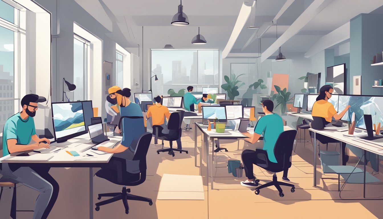 Graphic designers creating various styles and movements in a studio setting