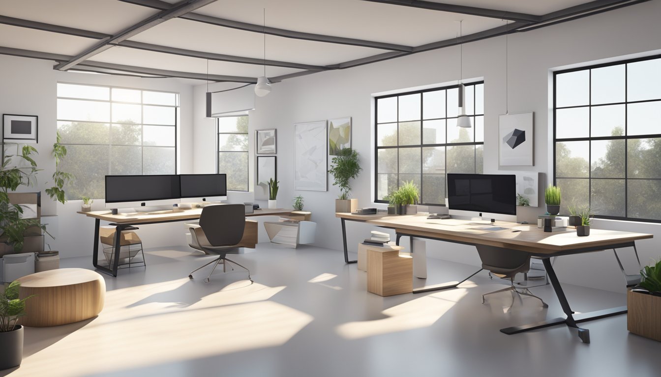 A modern design studio with sleek workstations and large computer screens. Bright natural light floods the space, highlighting the clean lines and minimalist aesthetic