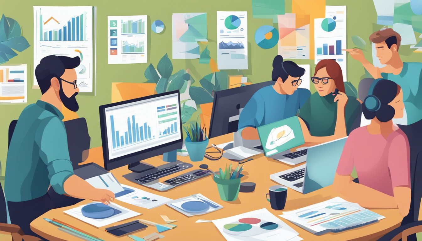 A group of graphic designers working on budget and project management, surrounded by charts, graphs, and computer screens