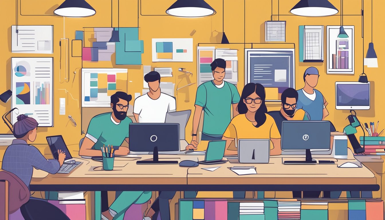 A group of graphic designers working on computers, surrounded by design tools and materials, with a sign that reads "Frequently Asked Questions grafiske designere" in the background