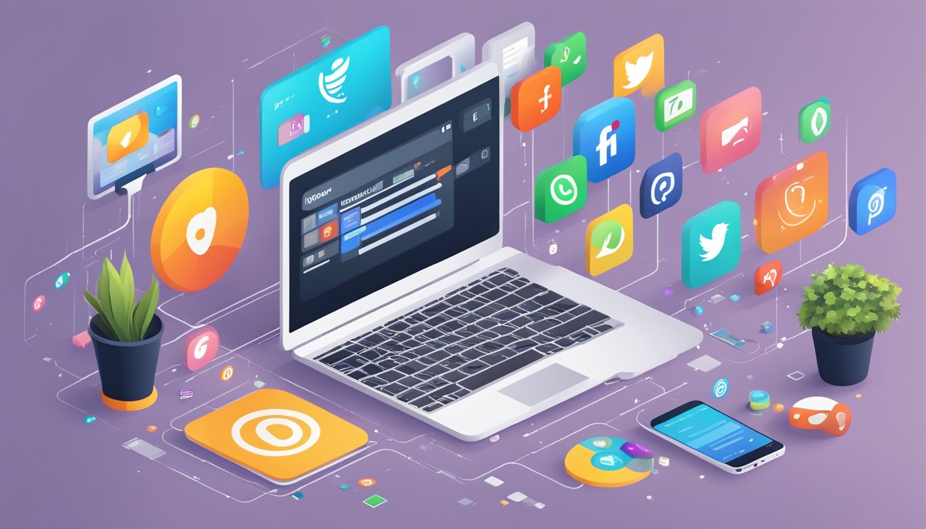 A computer with a digital marketing dashboard displayed on the screen, surrounded by various icons representing social media platforms and online advertising tools