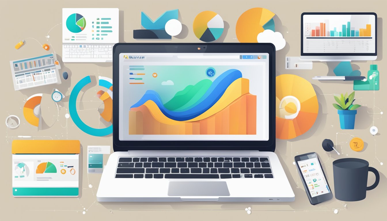 A laptop with a "Roller og Ansvar" logo on the screen, surrounded by digital marketing tools and graphs