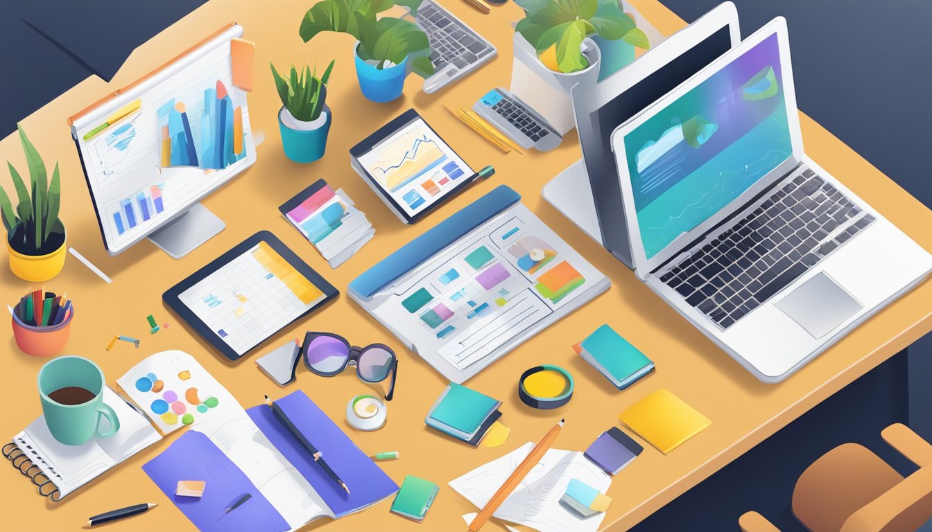 A digital markedsfører brainstorming strategy with a laptop and various marketing tools on a desk