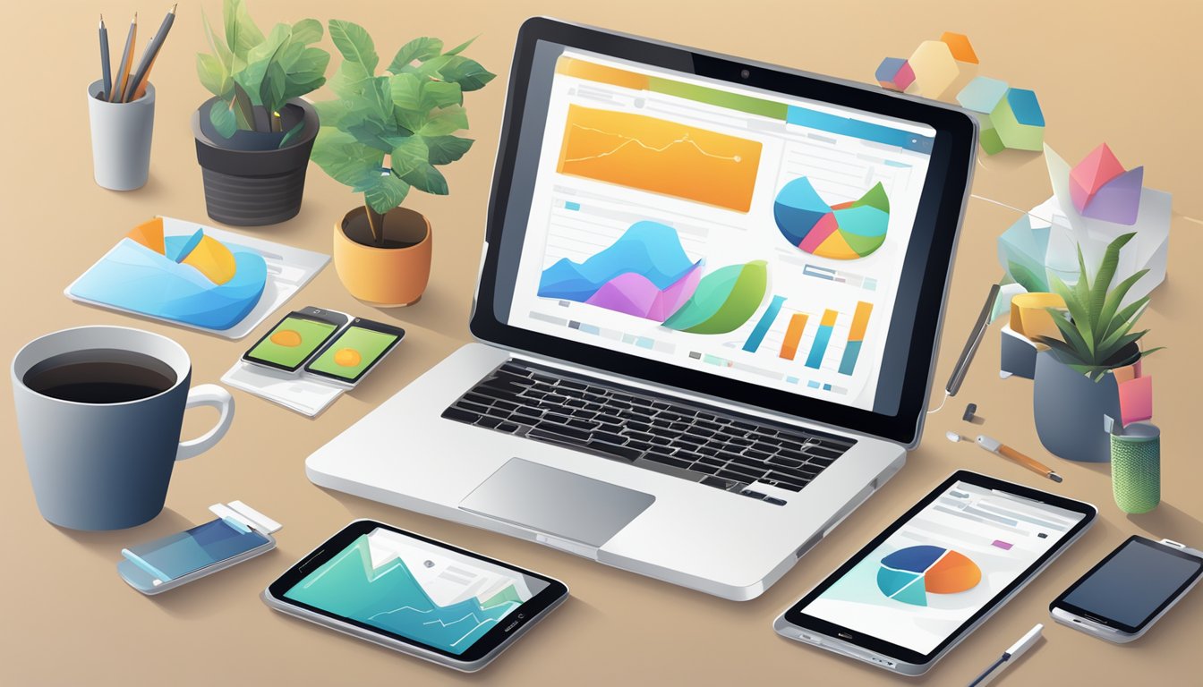 A laptop, smartphone, and tablet arranged on a desk with various digital marketing tools and technologies displayed on their screens