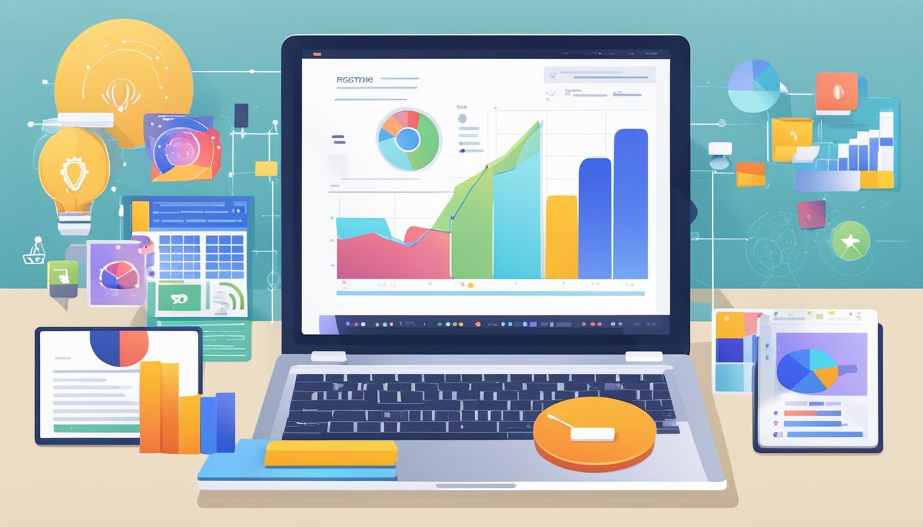 A laptop displaying a digital marketing campaign with various promotions and activities. Graphs and charts show engagement and success