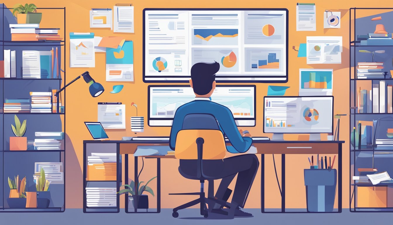 A professional education and career development digital marketer at work, surrounded by computer screens and marketing materials