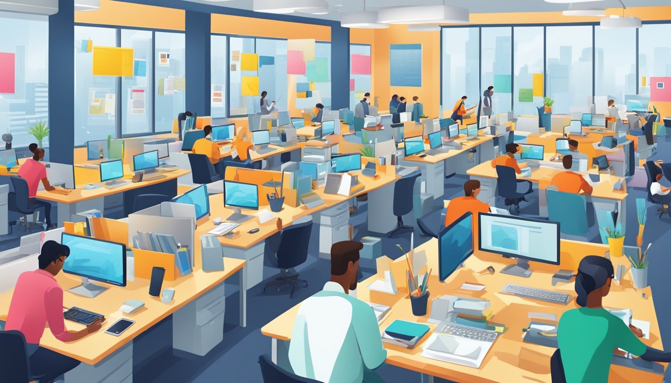 A busy office with people working at desks, computers, and phones. Brightly colored posters and advertisements cover the walls