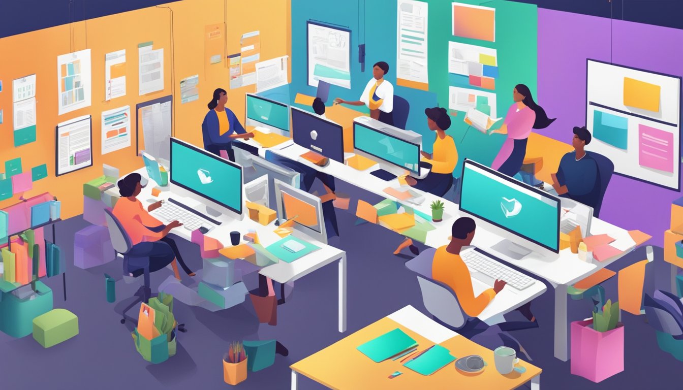 A bustling office with employees collaborating on marketing strategies, surrounded by colorful branding materials and computer screens