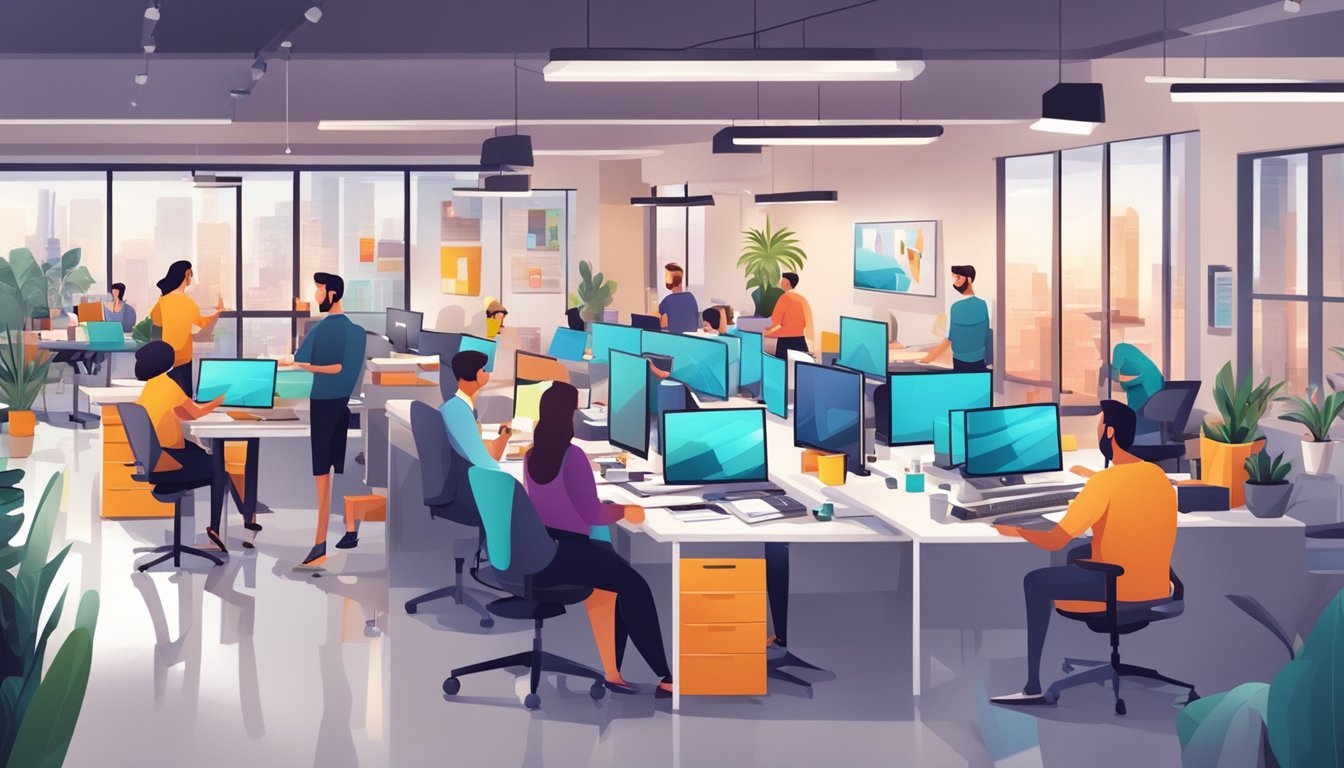 A bustling office with people collaborating, brainstorming, and working on creative projects in a modern and vibrant advertising agency