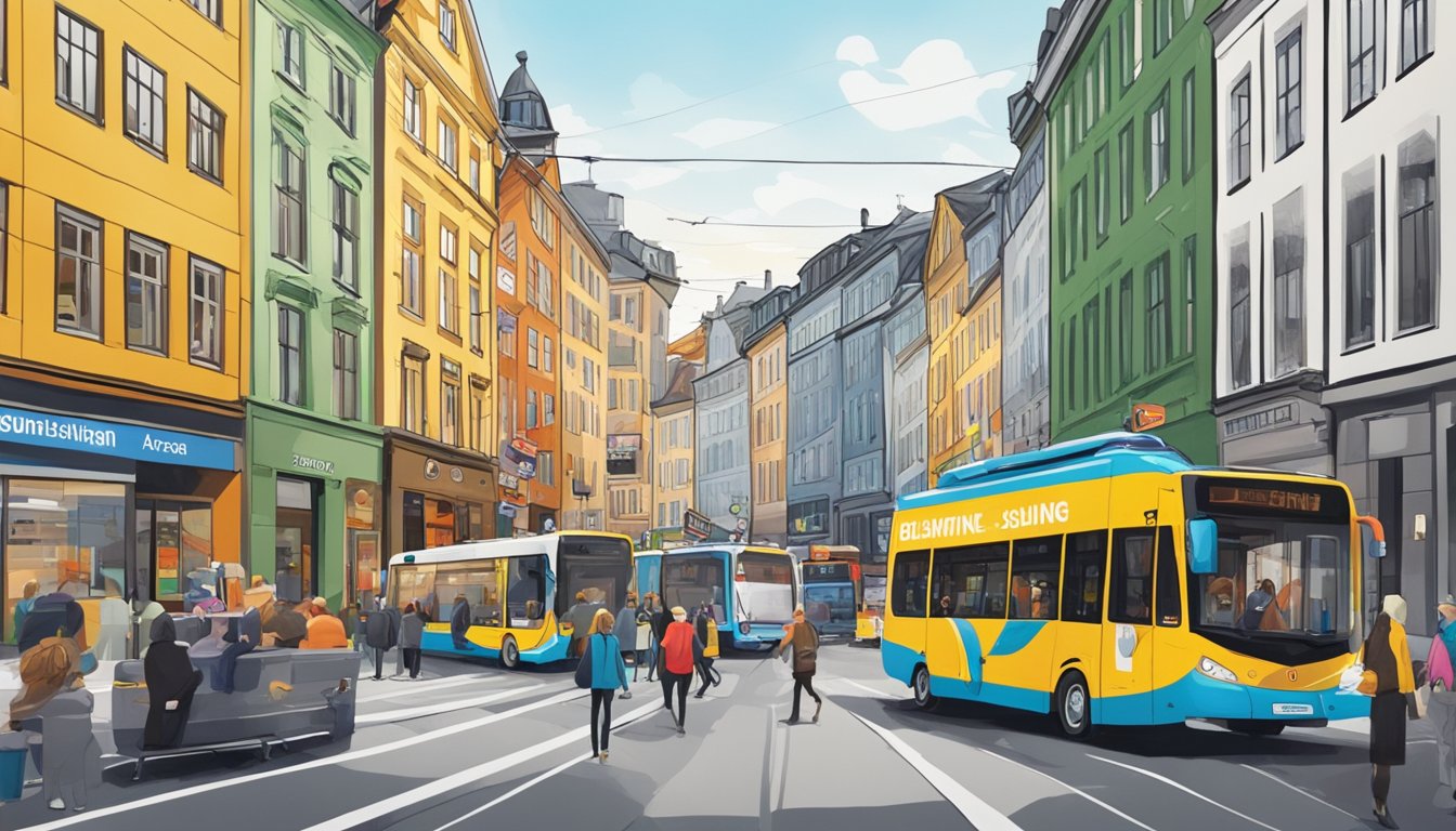 A bustling street in Oslo with colorful reklame byrå lining the road, showcasing creative and eye-catching advertisements