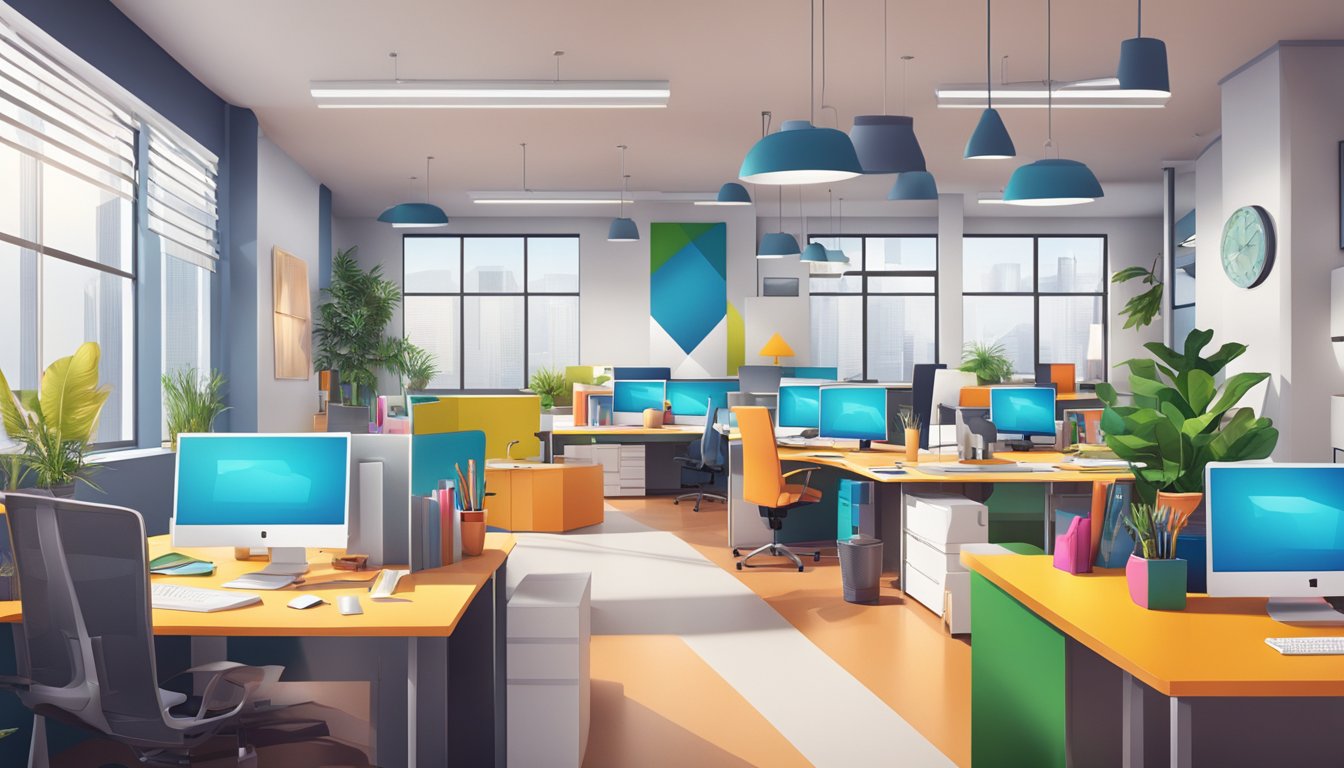 A modern office space with creative workstations, vibrant colors, and innovative design tools