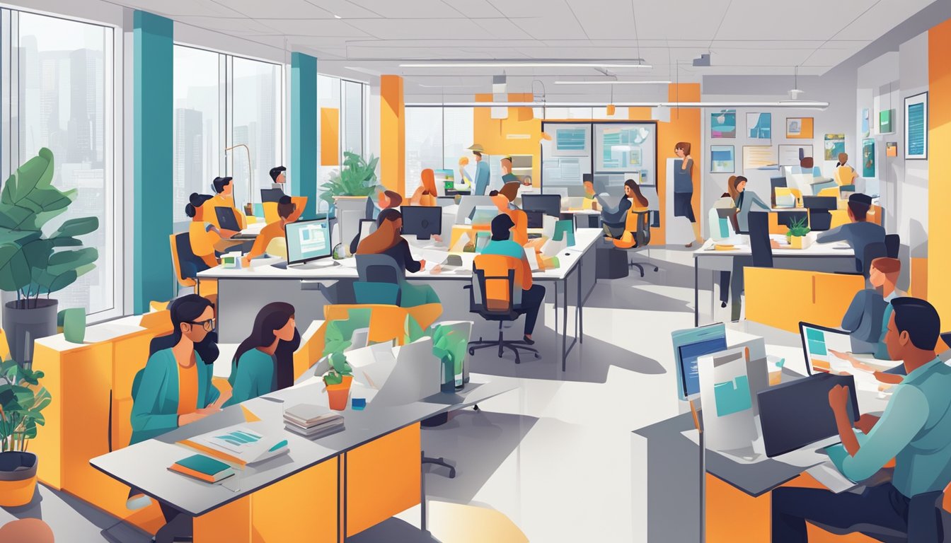 A bustling ad agency office with creative teams collaborating, brainstorming, and presenting ideas in a modern, vibrant workspace