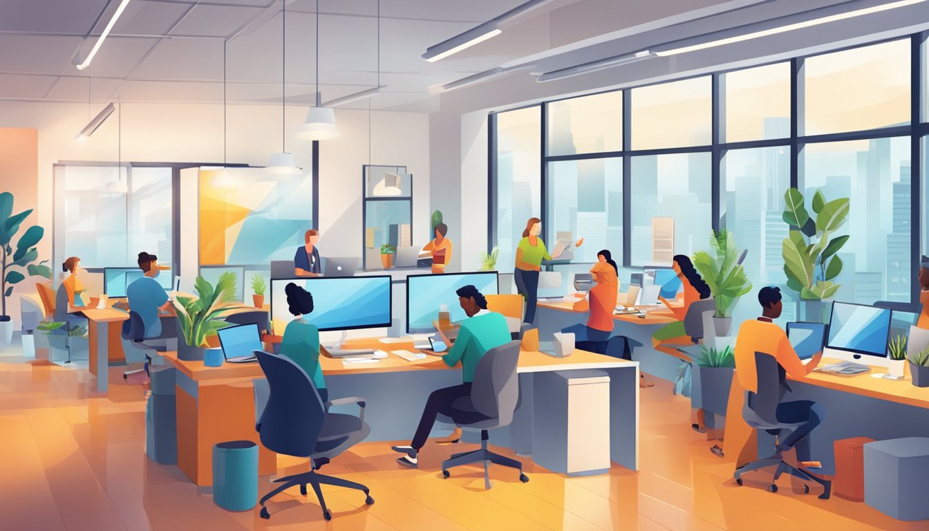 A bustling office with people collaborating, brainstorming, and celebrating success. Bright, modern decor and vibrant energy fill the space