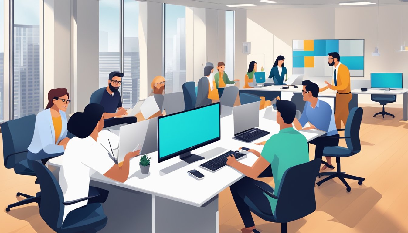 A group of professionals in a modern office setting, discussing and reviewing advertising campaigns with a focus on regulations and ethical considerations