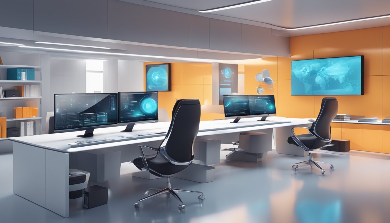 A futuristic office with sleek, minimalist furniture and large digital screens displaying cutting-edge advertising campaigns