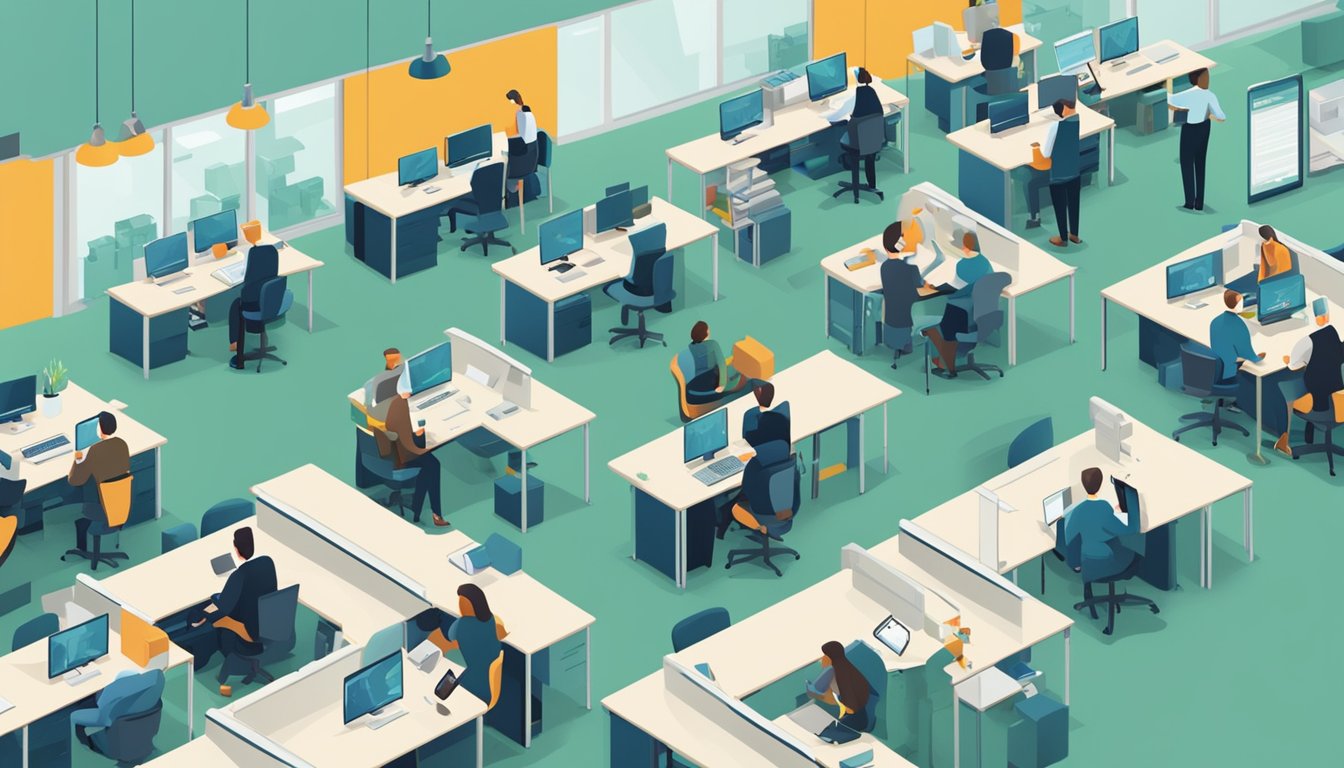 A busy office with people at desks, phones ringing, and computers. A sign on the wall reads "Frequently Asked Questions reklame byrå."