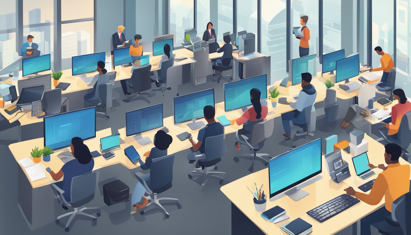 A bustling office with people working at desks, computers, and phones. Business resources being managed and utilized efficiently