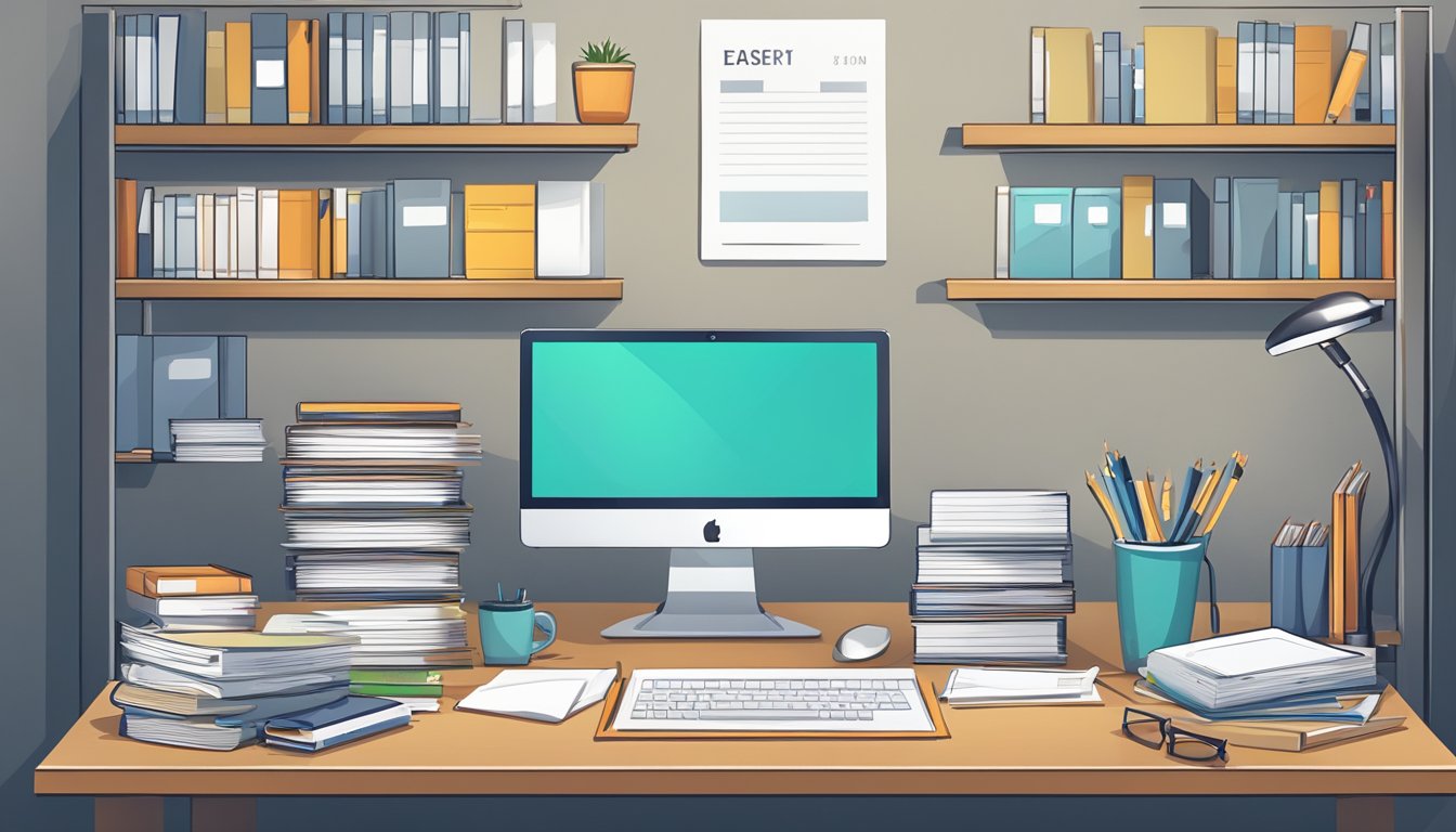 A modern office desk with a computer and a stack of papers, surrounded by shelves filled with books and files. A calendar on the wall displays upcoming deadlines
