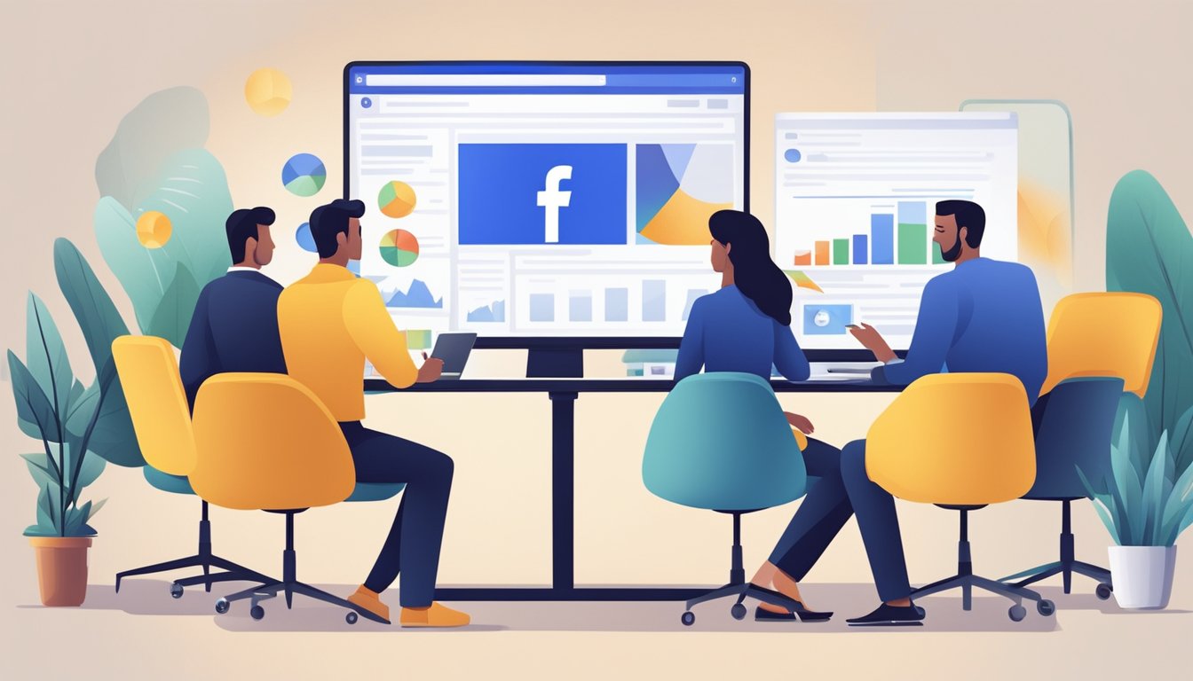 A group of people in a business meeting discussing advertising campaigns on Facebook Business
