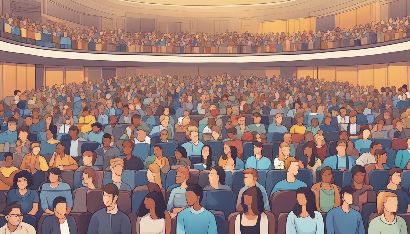 A crowded auditorium with targeted advertising on a Facebook business page