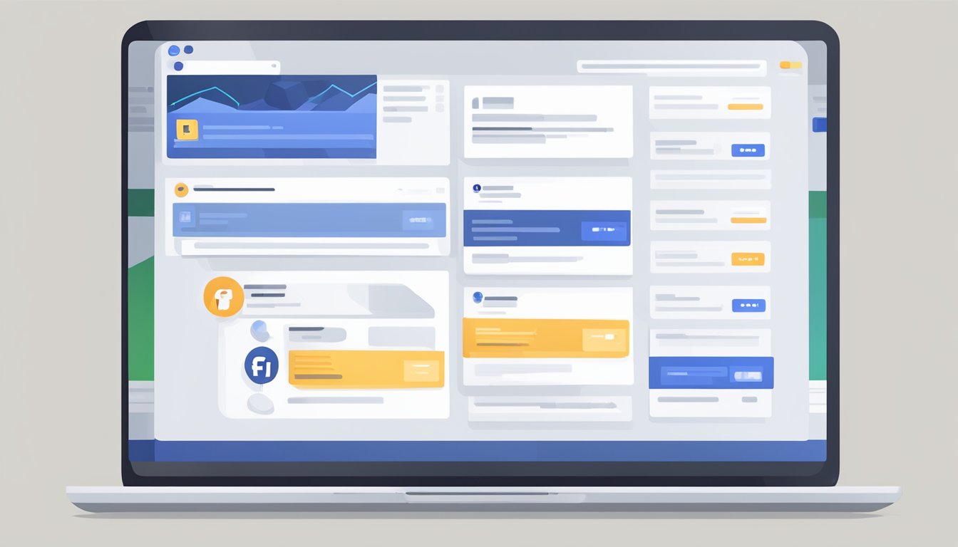 A laptop displaying the Facebook Business integration interface with third-party partners. Multiple data fields and connection options are visible on the screen