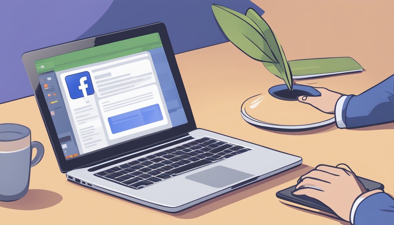 A person using a laptop to promote their business on Facebook, with a focus on the screen and keyboard