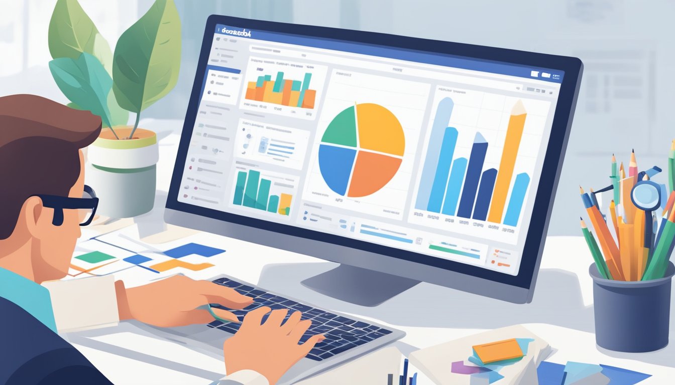 A person analyzing a Facebook business page with charts and graphs displayed on a computer screen