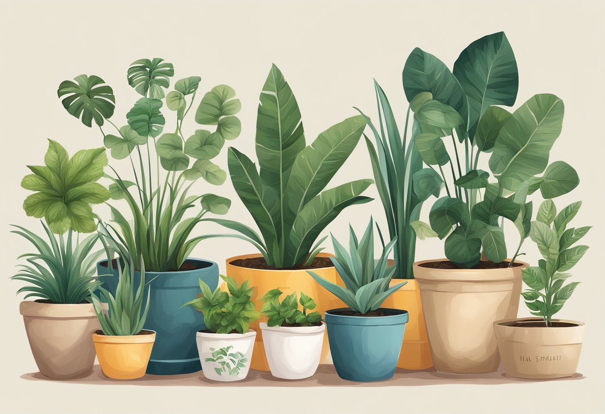 A variety of 10 houseplants arranged in pots, labeled with names, and surrounded by playful pets