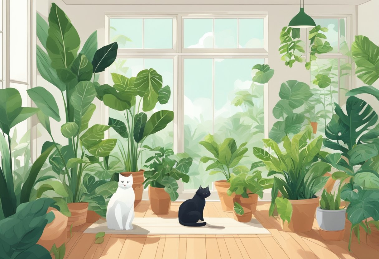 Lush green houseplants arranged in a bright, airy room. A curious cat sniffs at the leaves, reassured by the pet-safe choices