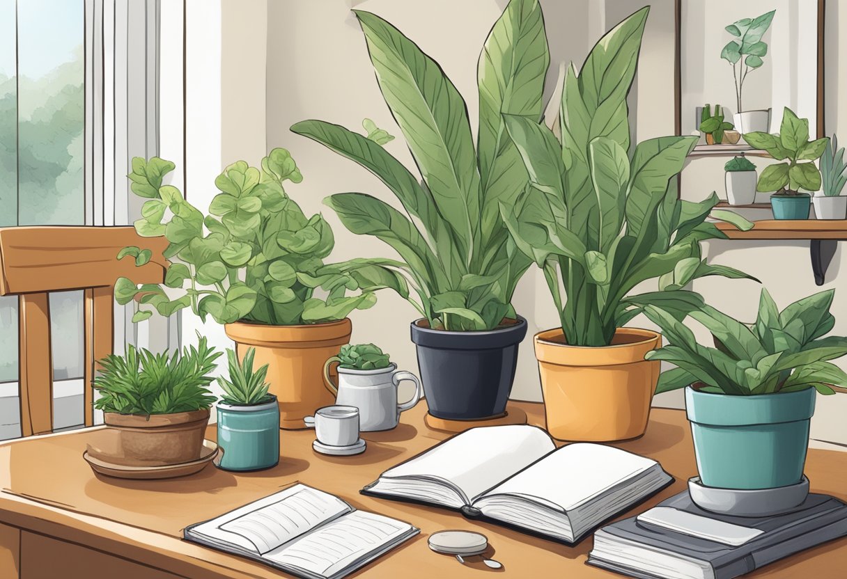 A pet-friendly home with 10 labeled houseplants. An open book with "What to Do in Case of Accidental Ingestion" on a nearby table