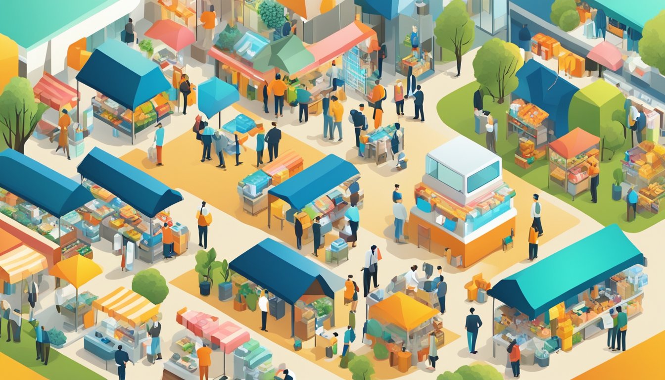 A busy marketplace with various abstract symbols and signs representing key business concepts