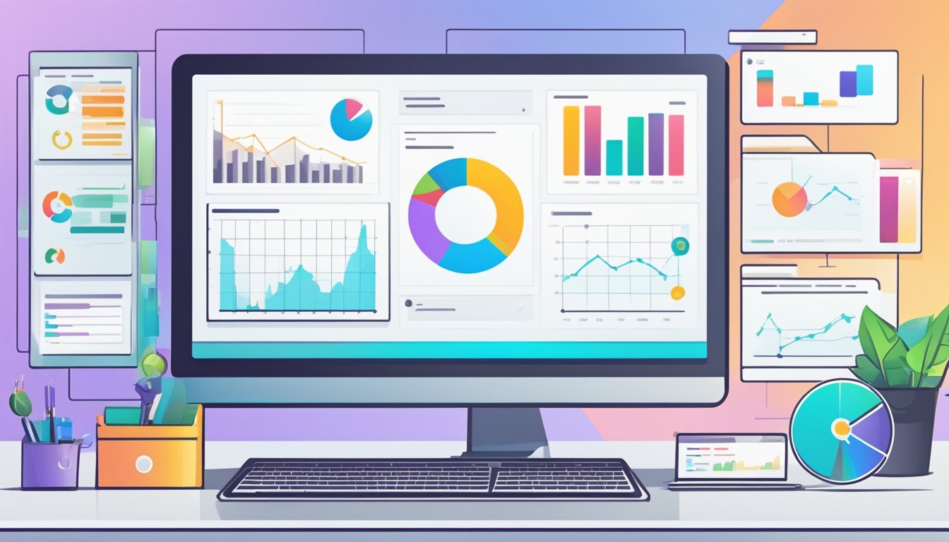 A computer screen showing account creation and management. Icons for user profiles, settings, and security. Graphs and data visualization in the background