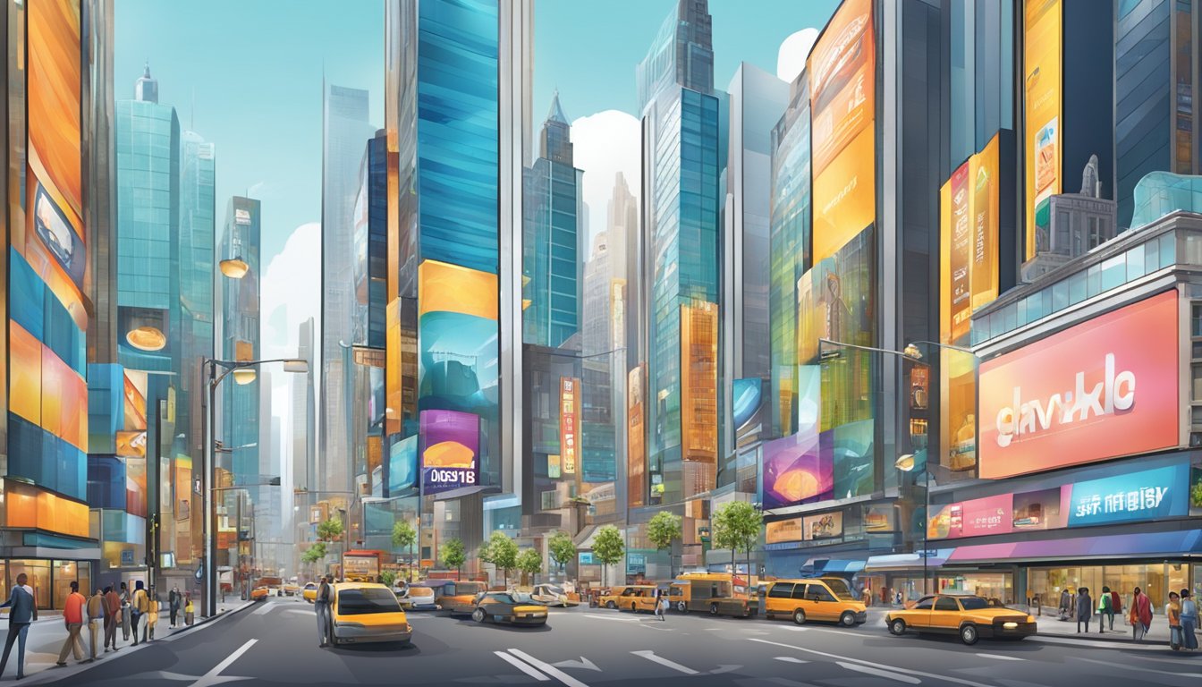 A bustling city street with towering skyscrapers and vibrant billboards, showcasing various advertising strategies for different businesses