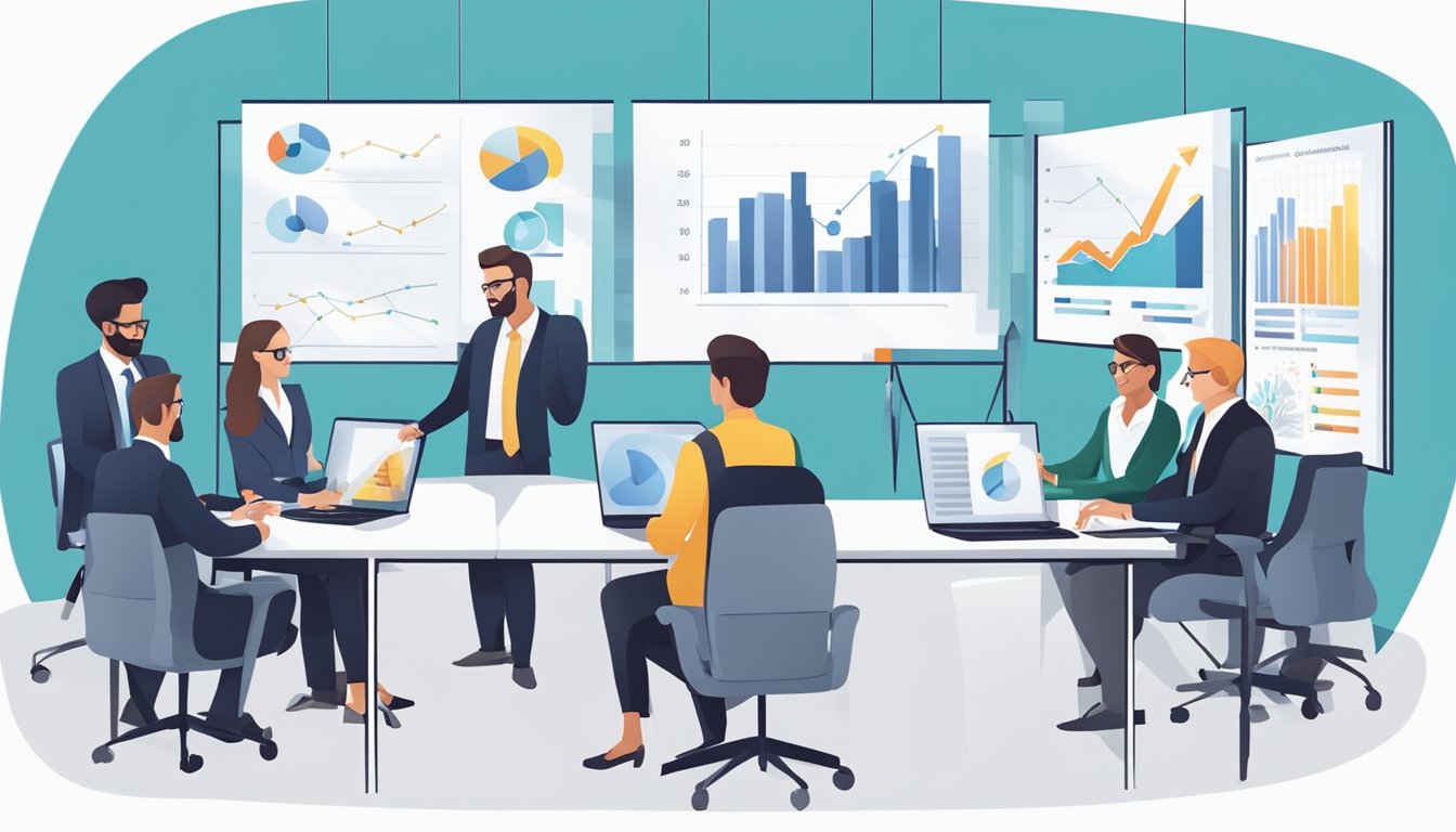 A group of business professionals discussing and strategizing in a modern office setting, with charts and graphs displayed on screens and whiteboards