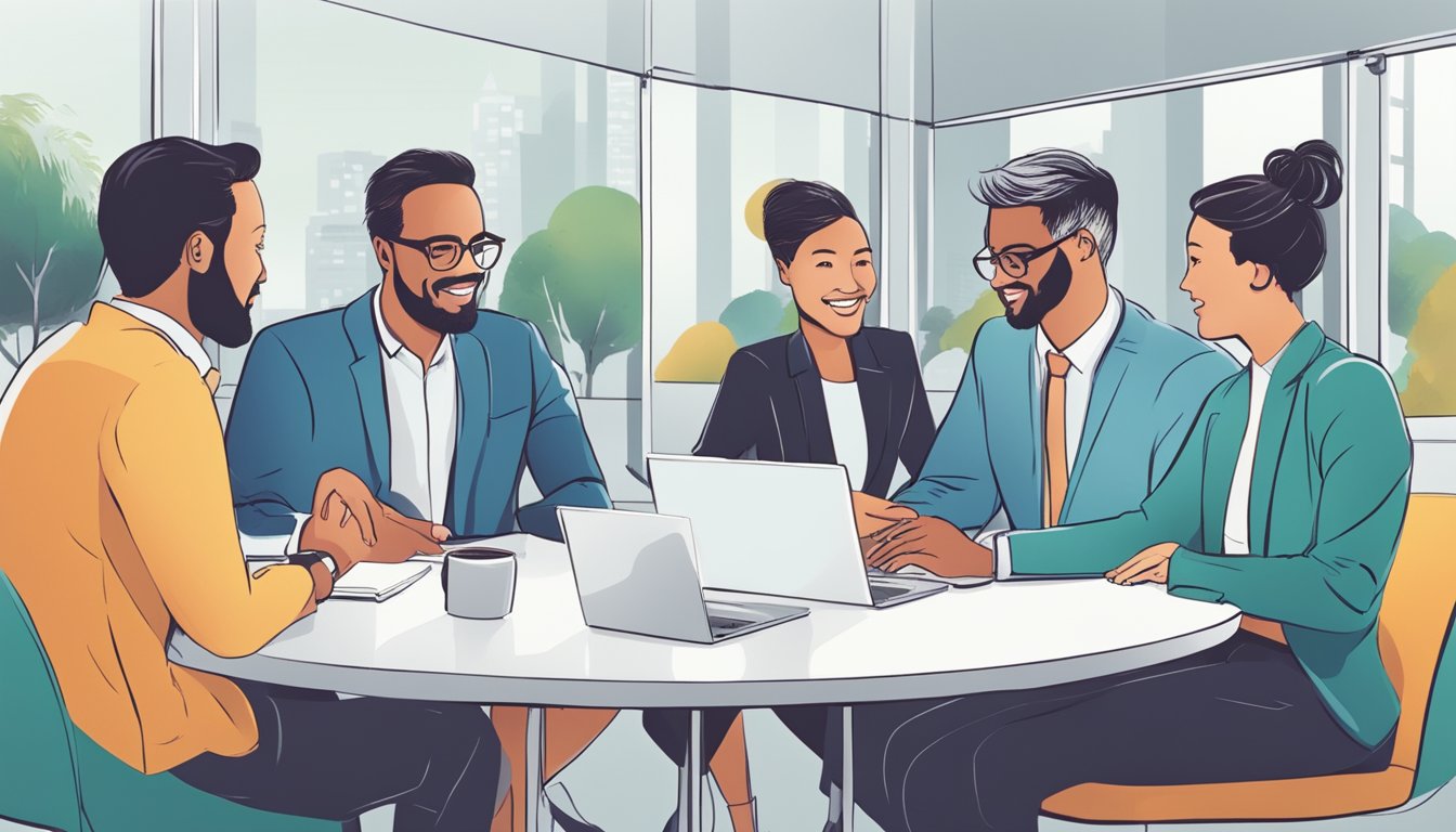 Customers discussing business, exchanging ideas, and collaborating in a professional setting