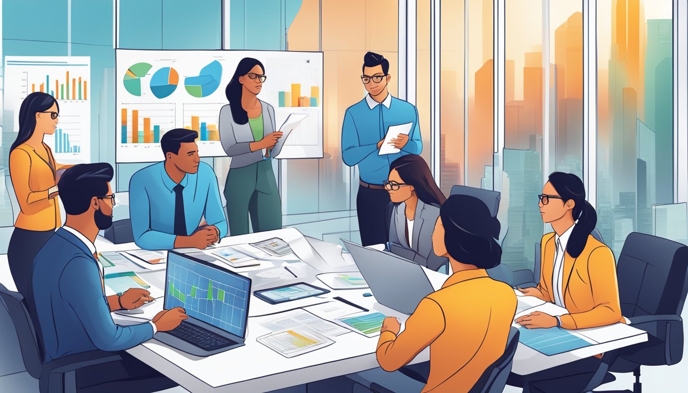 A group of business professionals analyzing charts and graphs in a modern office setting