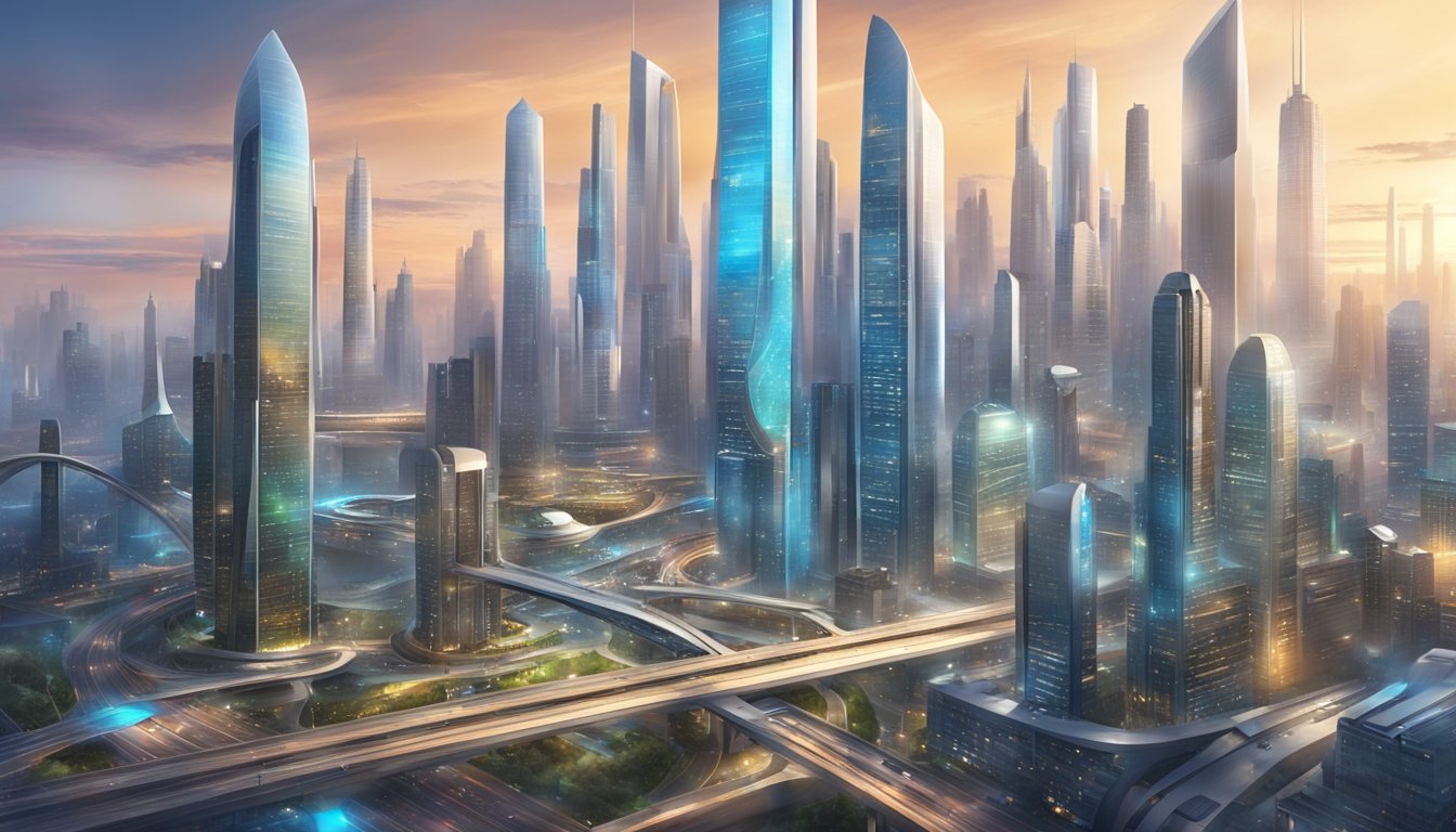 A futuristic cityscape with sleek, towering skyscrapers and advanced transportation systems, bustling with activity and cutting-edge technology