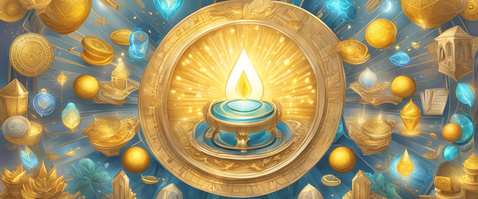 A glowing light radiates from a collection of uplifting affirmations, surrounded by symbols of wealth and abundance