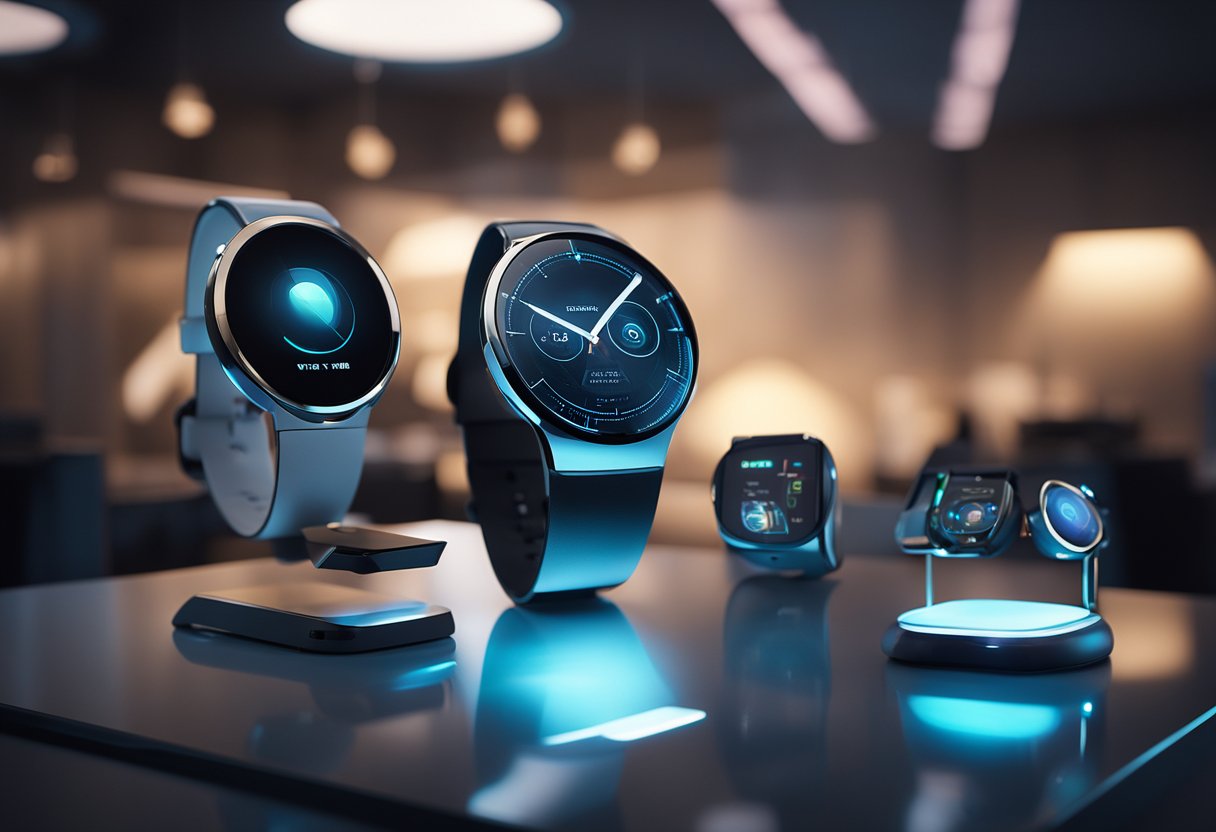 Various futuristic gadgets scattered on a sleek, minimalist table. Holographic displays, smartwatches, and advanced AI assistants are present. The scene is illuminated with a soft, ambient glow