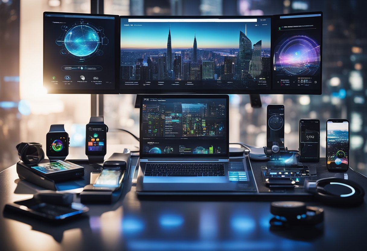 A cluttered desk with holographic displays, smartwatches, and sleek smartphones charging on wireless pads. A futuristic cityscape visible through the window