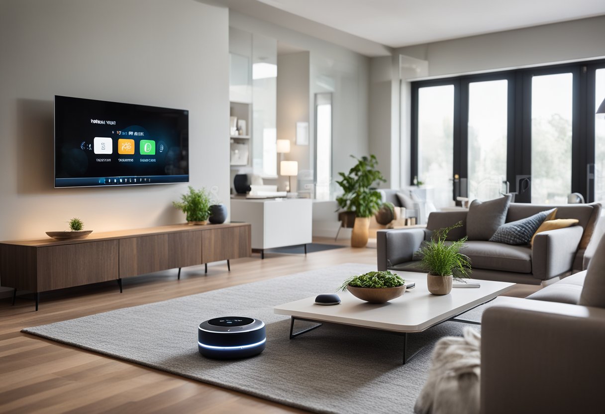 A modern living room with voice-controlled lights, smart thermostat, and robotic vacuum. A wall-mounted touchscreen controls all devices