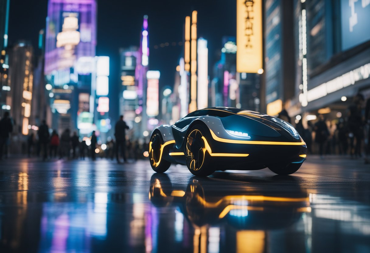 A bustling city street filled with futuristic personal mobility devices zooming past high-tech buildings and glowing neon signs