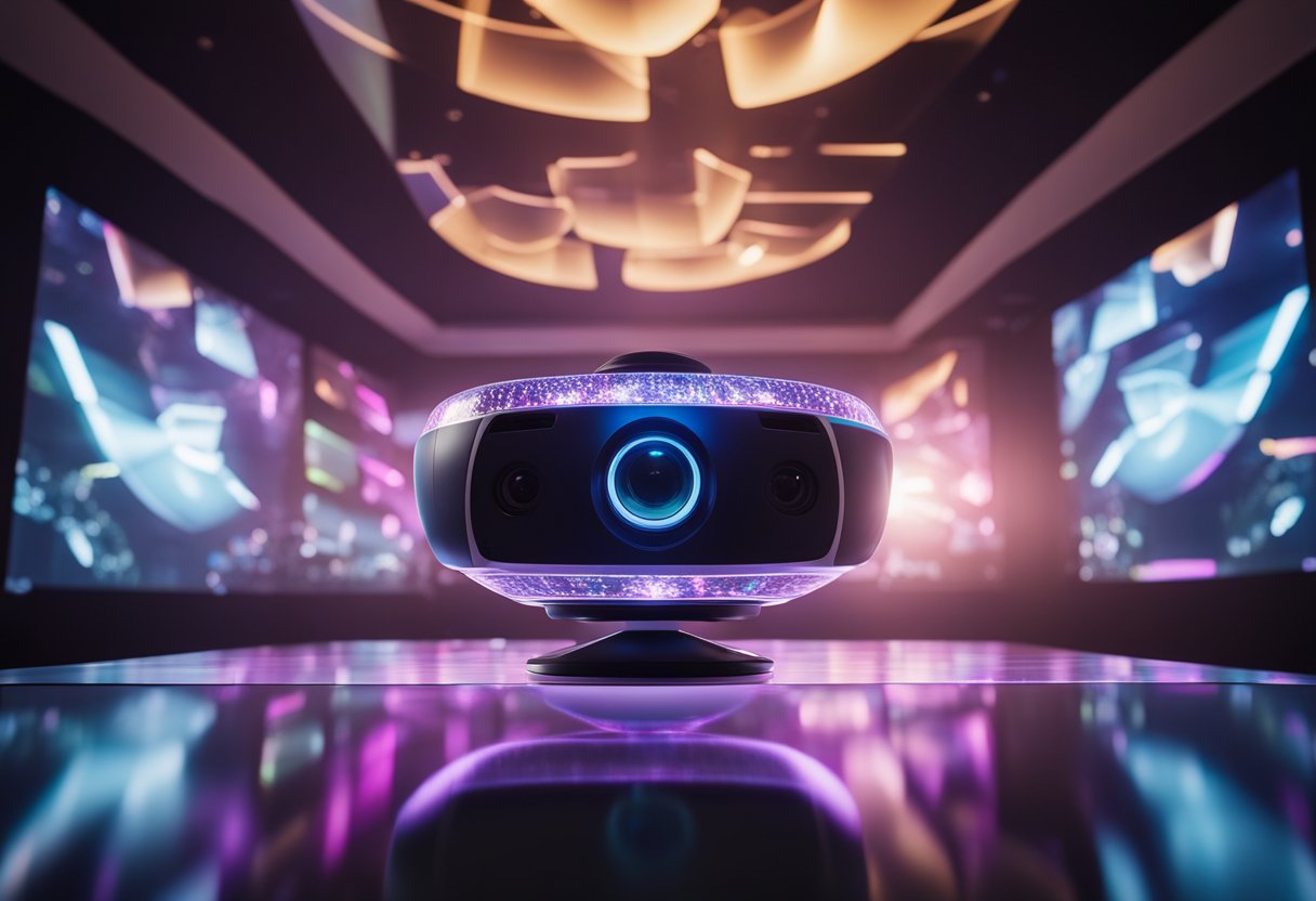 A sleek holographic projector displays 3D images, while a levitating sound system fills the room with crystal-clear audio. Virtual reality goggles and motion-sensing controllers provide immersive gaming experiences