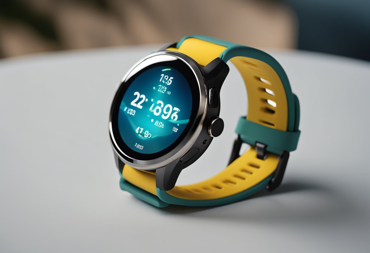 A smartwatch with a heart rate sensor and step counter, displaying fitness data on a colorful screen