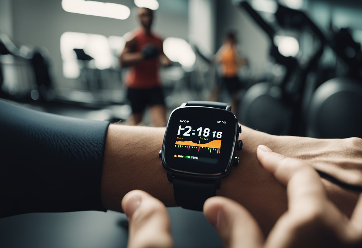 A smartwatch displaying heart rate data on a screen, surrounded by fitness equipment and a person exercising in a gym